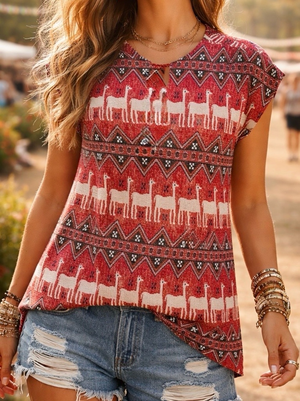 Vintage Beeline 70s boho Llama print sleeveless Top Medium